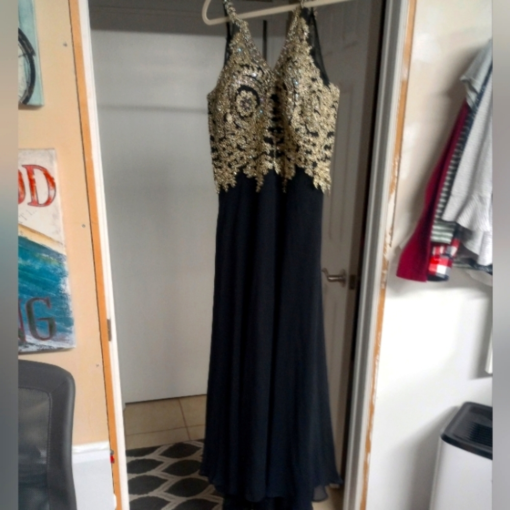 Gold and Black Halter Prom Gown